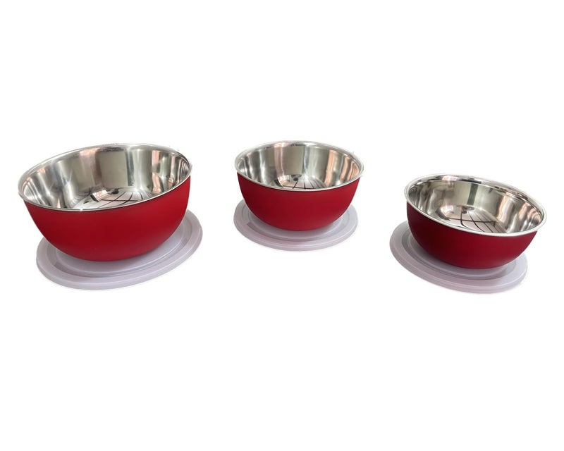 MARQUEONN® Stainless Steel Microwave Safe Mixing Bowl with Lid Food Storage Containers for Kitchen, Capacity 1200 ML, 700 ML, 500 ML (Red Plain, 4) - Image 2