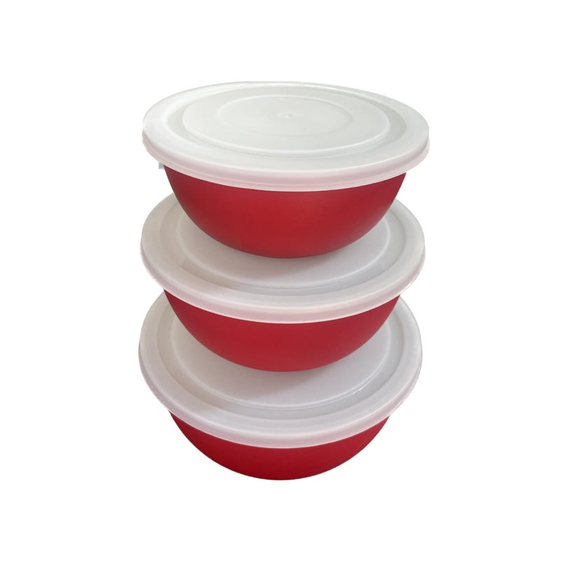 MARQUEONN® Stainless Steel Microwave Safe Mixing Bowl with Lid Food Storage Containers for Kitchen, Capacity 1200 ML, 700 ML, 500 ML (Red Plain, 4) - Image 1