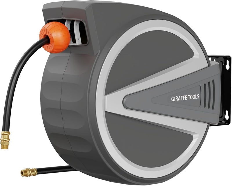 Giraffe Tools Retractable Air Hose Reel, 3/8" x 50 ft, Hybrid Hose, Auto Rewind, Air Compressor Hose Reel with Swivel Bracket, 217 PSI, Any Length Lock, for Garage & Workshop, Dark Silver - Image 1