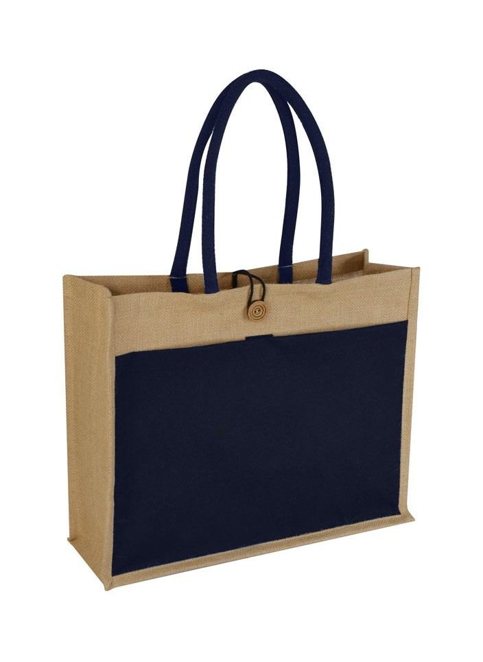 Eco-neutral - Jute Shopping Bag with Wooden Button and Blue pocket - Image 1