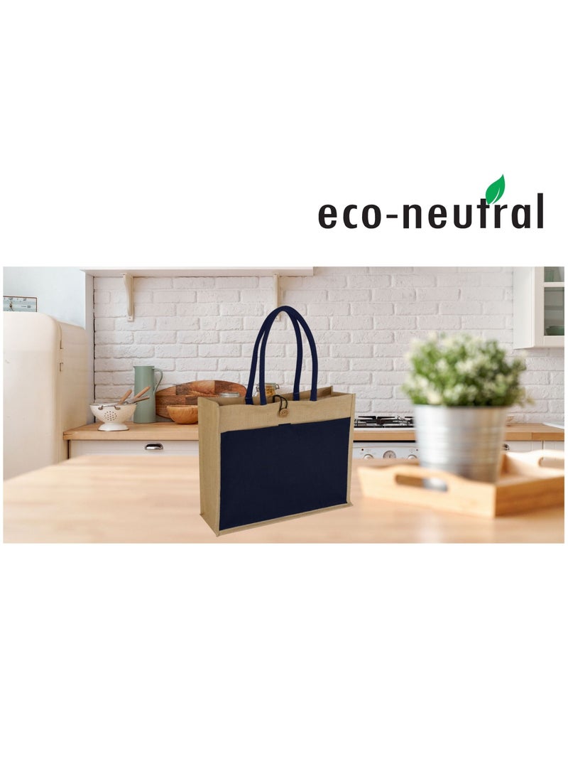 Eco-neutral - Jute Shopping Bag with Wooden Button and Blue pocket - Image 1