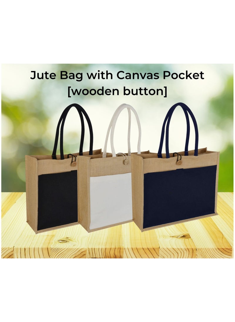 Eco-neutral - Jute Shopping Bag with Wooden Button and Blue pocket - Image 1
