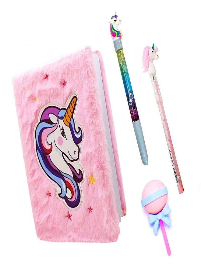 Neel® Unicorn Stationery Combo of 4 Pices Unicorn Diary Notebook A5 Size Fur Diary, Cute Dessart Designer Eraser, Unicorn Water Pen and Unicorn Pencil School Stationery Multicolor - Image 1