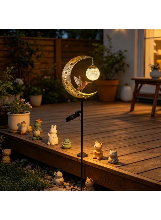 Moon Hummingbird Solar Garden Stake Light,IP45 Waterproof Metal Outdoor Decor Lamp,Warm Crackle Glass Globe Light,Auto On Off Solar Powered Pathway Light,All Season Yard Lawn Patio Ornament,Perfect Gift For Garden Lovers - Image 1