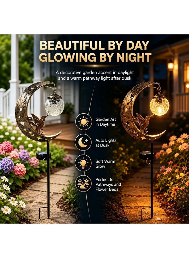Moon Hummingbird Solar Garden Stake Light,IP45 Waterproof Metal Outdoor Decor Lamp,Warm Crackle Glass Globe Light,Auto On Off Solar Powered Pathway Light,All Season Yard Lawn Patio Ornament,Perfect Gift For Garden Lovers - Image 2