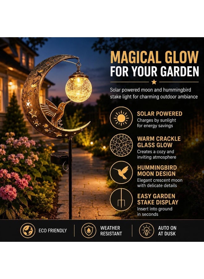 Moon Hummingbird Solar Garden Stake Light,IP45 Waterproof Metal Outdoor Decor Lamp,Warm Crackle Glass Globe Light,Auto On Off Solar Powered Pathway Light,All Season Yard Lawn Patio Ornament,Perfect Gift For Garden Lovers - Image 4