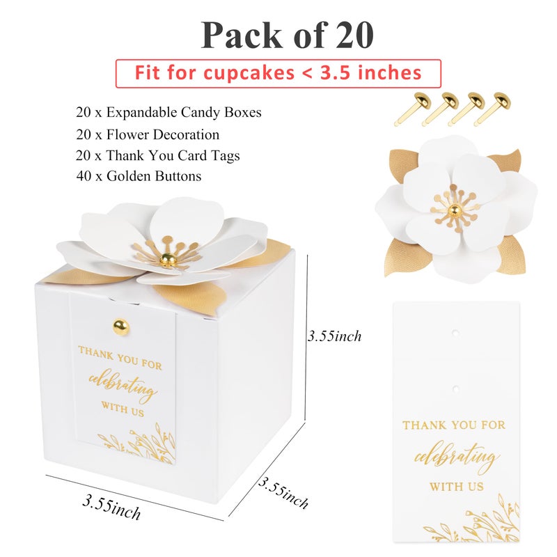 Feiyi 20 Pcs White Gift Boxes  3 In 1 Favor Boxes With Floral Decor  White Thank You Tags Cupcake Containers Gift Wrapping For Wedding  Baby Shower  Birthday  Decorations Party - 3.55X3.55X3.55 - Image 2