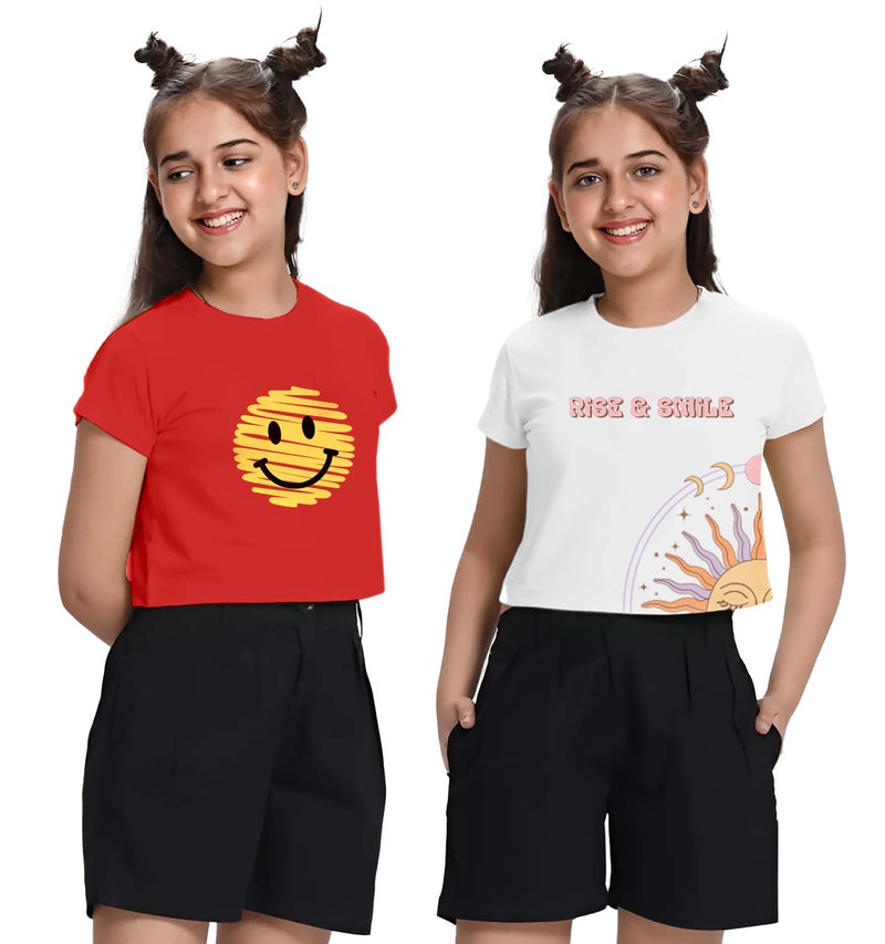 KYDA KIDS® 100% Cotton Crop top for Girls - Printed Half Sleeve Stylish Tshirt, Regular Fit Tops for Girl - Pack of 2 - Image 2