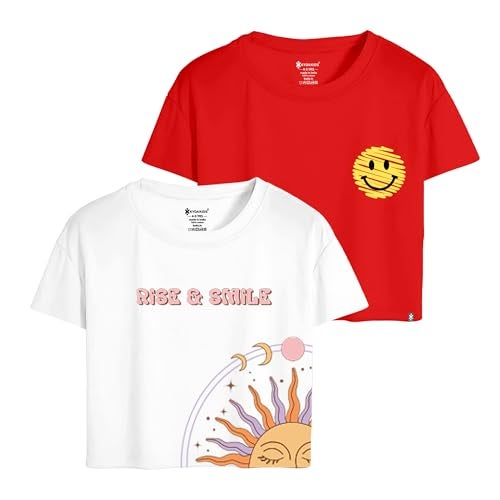 KYDA KIDS® 100% Cotton Crop top for Girls - Printed Half Sleeve Stylish Tshirt, Regular Fit Tops for Girl - Pack of 2 - Image 1