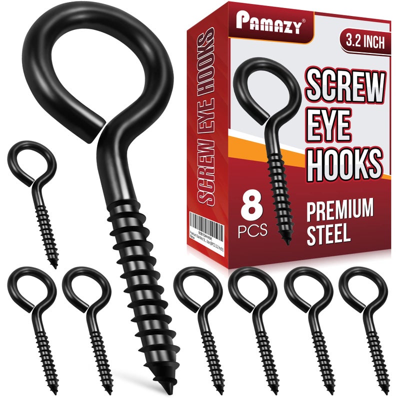 PAMAZY 8PCS Screw Eyes, 3.2 Inch Black Eye Hooks Screw Self Tapping Eye, Heavy Duty Eye Bolt for Wood Securing Cables Wire, Hammock Stand, Indoor & Outdoor Use - Image 1