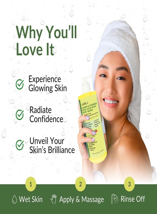 Nasola Lemon Turmeric Kojic Acid Soap Body Wash - Natural Gentle Face & Skin Cleanser with Vitamin C, Shea Butter, Collagen, Niacinamide, Hyaluronic Acid, and Aloe Vera - 11.83 Fl Oz - Image 3