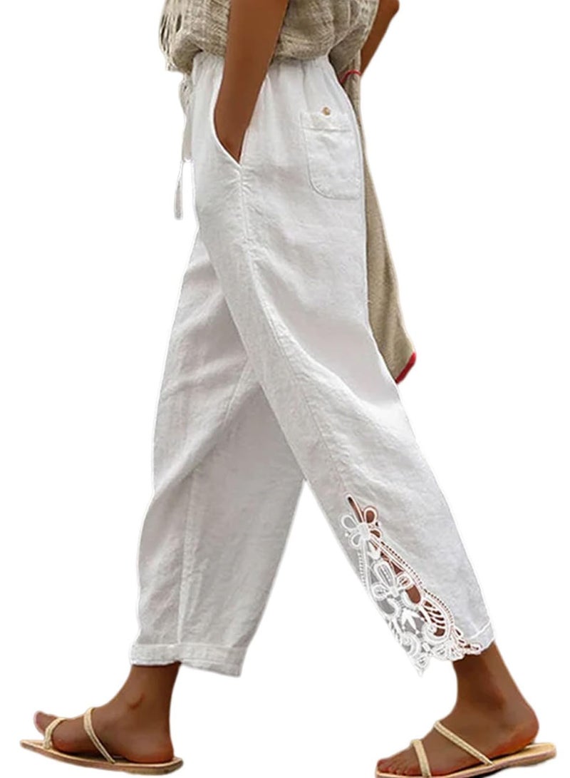 Jokeluck Women Casual Lightweight Drawstring Elastic Waist Cropped Linen Pants Fall Spring Slacks Capri Pants Trendy Fashion 2025 Beach Trousers with Pockets White X-Large - Image 1