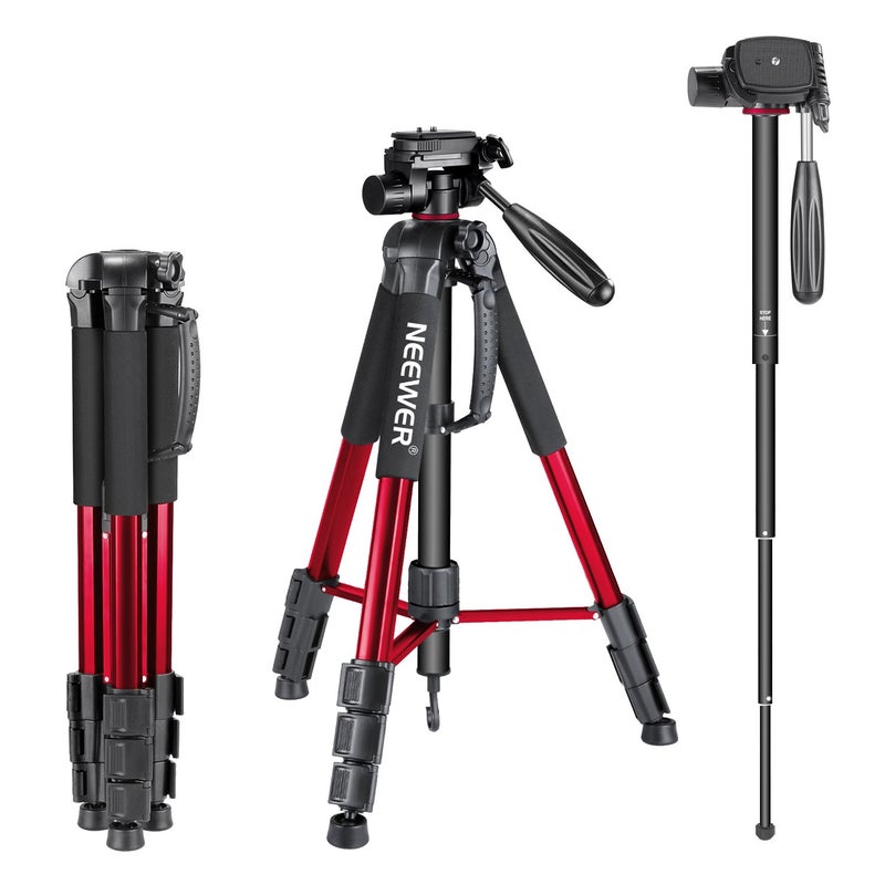 NEEWER Portable Aluminum Alloy Camera 2 in 1 Tripod Monopod Max. 70"/177cm with 3 Way Swivel Pan Head and Carrying Bag for DSLR, DV Video Camcorder (SAB264, Red) - Image 1