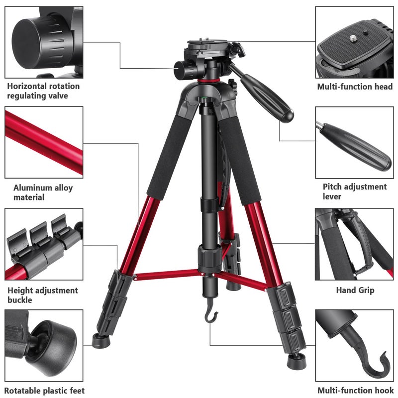 NEEWER Portable Aluminum Alloy Camera 2 in 1 Tripod Monopod Max. 70"/177cm with 3 Way Swivel Pan Head and Carrying Bag for DSLR, DV Video Camcorder (SAB264, Red) - Image 2