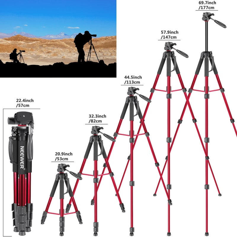 NEEWER Portable Aluminum Alloy Camera 2 in 1 Tripod Monopod Max. 70"/177cm with 3 Way Swivel Pan Head and Carrying Bag for DSLR, DV Video Camcorder (SAB264, Red) - Image 3
