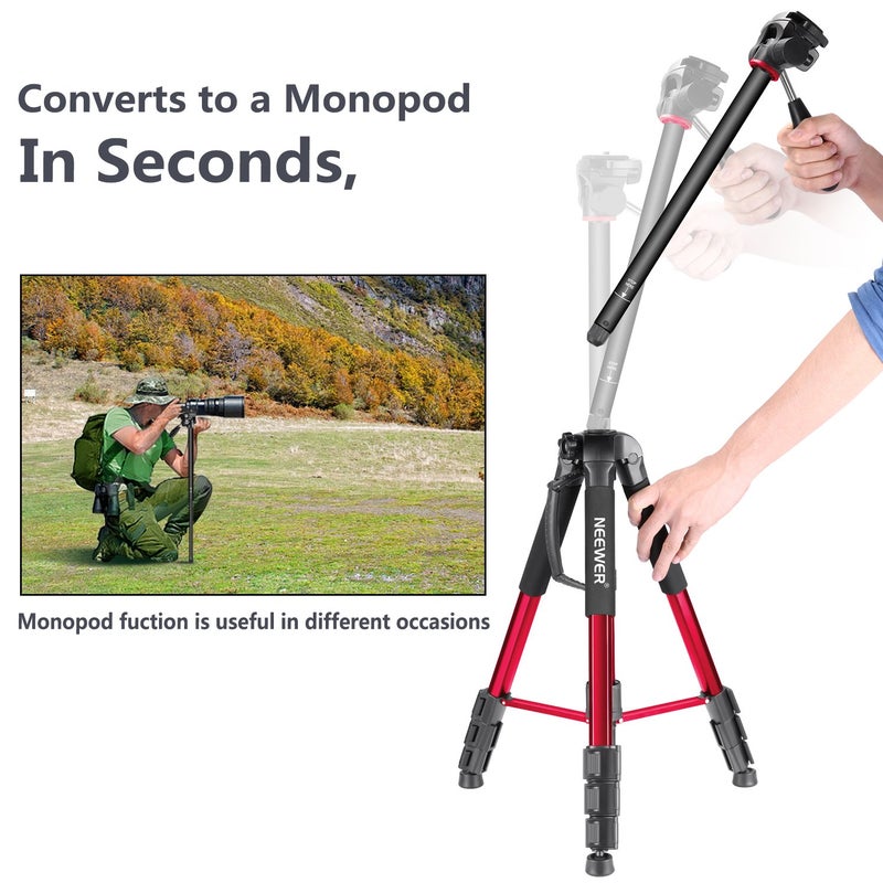 NEEWER Portable Aluminum Alloy Camera 2 in 1 Tripod Monopod Max. 70"/177cm with 3 Way Swivel Pan Head and Carrying Bag for DSLR, DV Video Camcorder (SAB264, Red) - Image 4