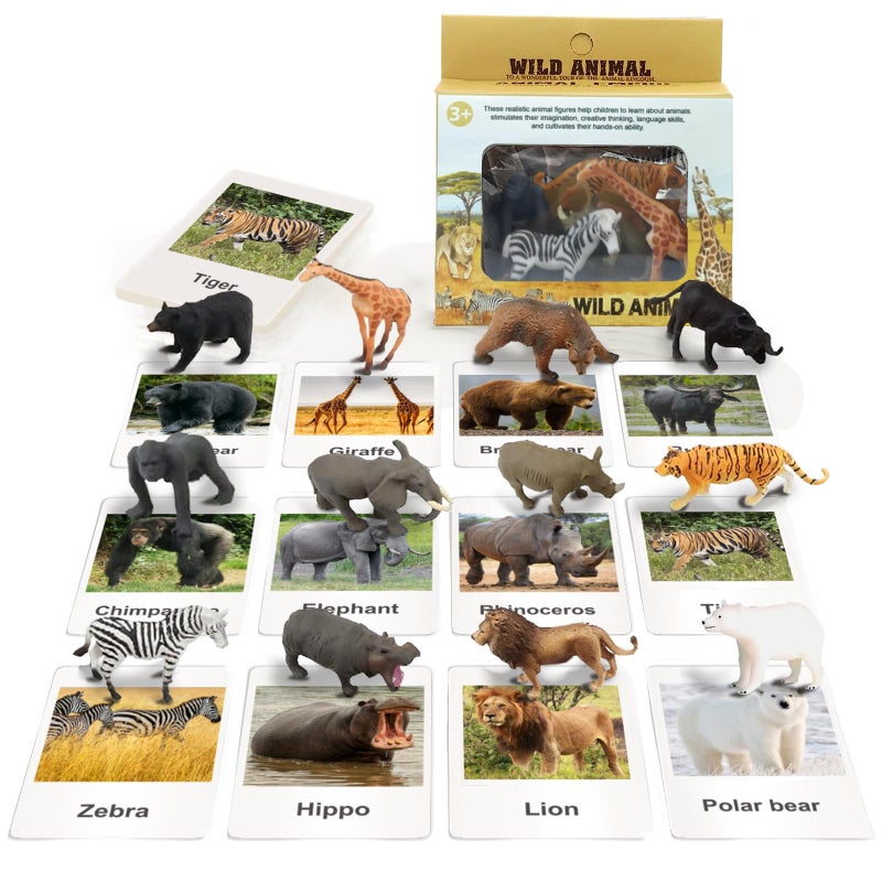 RUSON 12 Safari Animals Figures Toys with 12 Flash Cards Realistic Mini Jungle Animal Figurines Cake Topper Party Supplies Montessori Animal Matching Game for Toddler Kids - Image 2