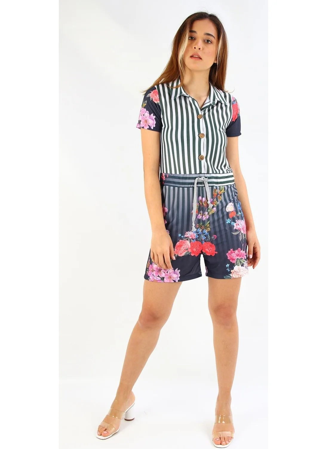 Alexandergardi Alexandergardı Patterned Shirt Collar Jumpsuit with Shorts (B19-1510)