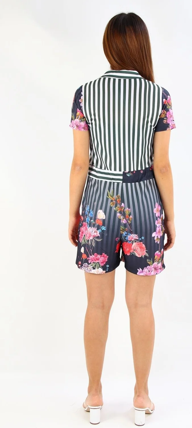 Alexander Gardi Patterned Shirt Collar Jumpsuit with Shorts (B19-1510)
