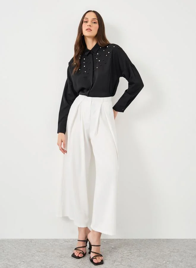 ستايلي Styli Faux Pearl Embellished Long Sleeve Regular Fit Shirt