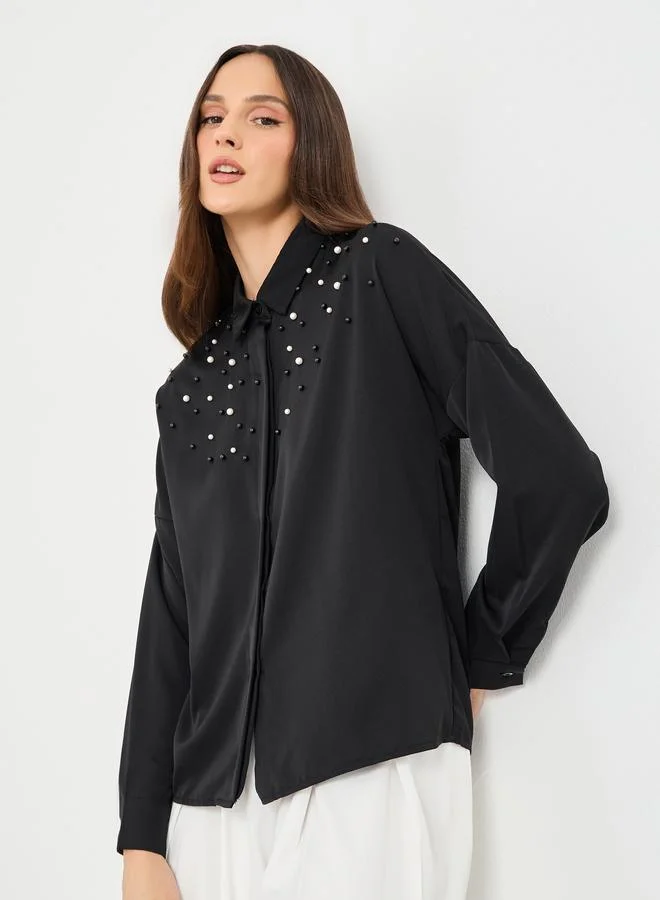 ستايلي Styli Faux Pearl Embellished Long Sleeve Regular Fit Shirt