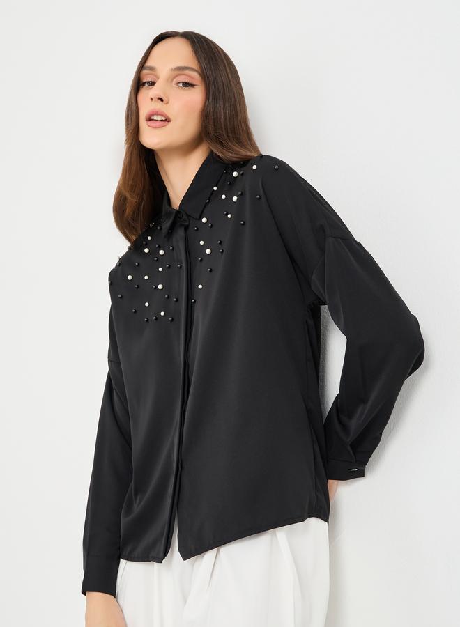 Styli Faux Pearl Embellished Long Sleeve Regular Fit Shirt - Image 1