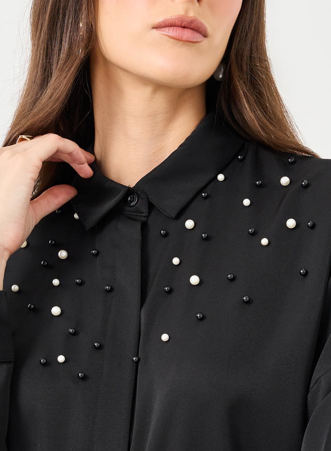 Styli Faux Pearl Embellished Long Sleeve Regular Fit Shirt - Image 3