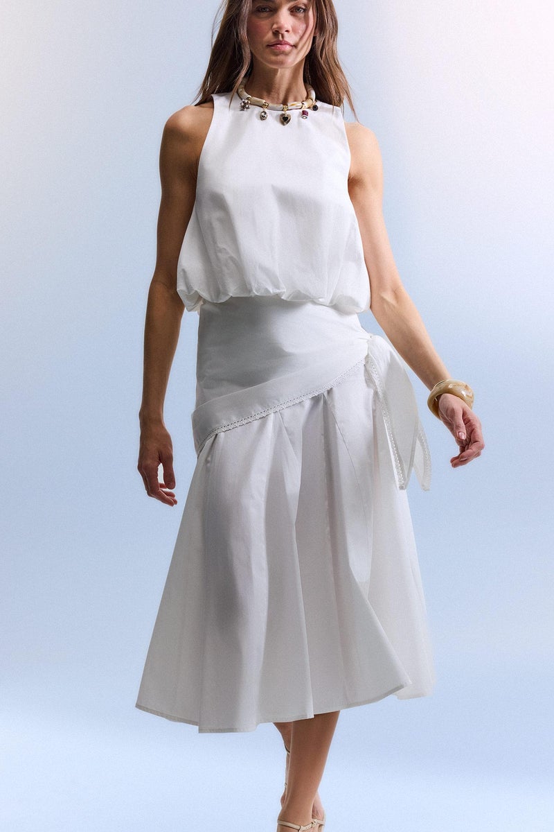 DeFacto White Woman Afra x Defacto A-Line Regular Waist Poplin Midi Skirt Casual - Image 2