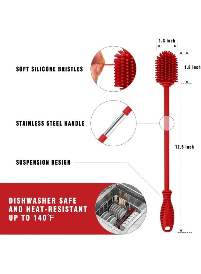 ddLUCK فرشاة تنظيف زجاجات السيليكون بمقبض طويل، خالية من BPA 12.5" لتنظيف زجاجات الماء للأطفال، هيدرو فلاس، زجاجات رياضية، مزهريات، أدوات زجاجية، مثالية لفتحات الزجاجات ذات القطر الأصغر (أحمر) - Image 4