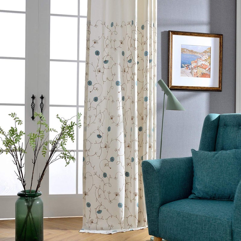 VOGOL European Simple Floral Embroidered Curtains Blue Elegant Faux Linen Curtain for Living Room 52x96 Inch 2 Panels Top Grommet - Image 1