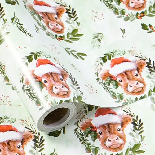 LeZakaa Christmas Highland Cow Wrapping Paper Roll Cute Highland Cow with Santa Hat Green Wreath Design Funny Holiday Gift Wrap for Farmhouse Style Mini Roll 17 in x 164 Ft - Image 1