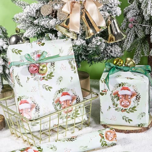 LeZakaa Christmas Highland Cow Wrapping Paper Roll Cute Highland Cow with Santa Hat Green Wreath Design Funny Holiday Gift Wrap for Farmhouse Style Mini Roll 17 in x 164 Ft - Image 3