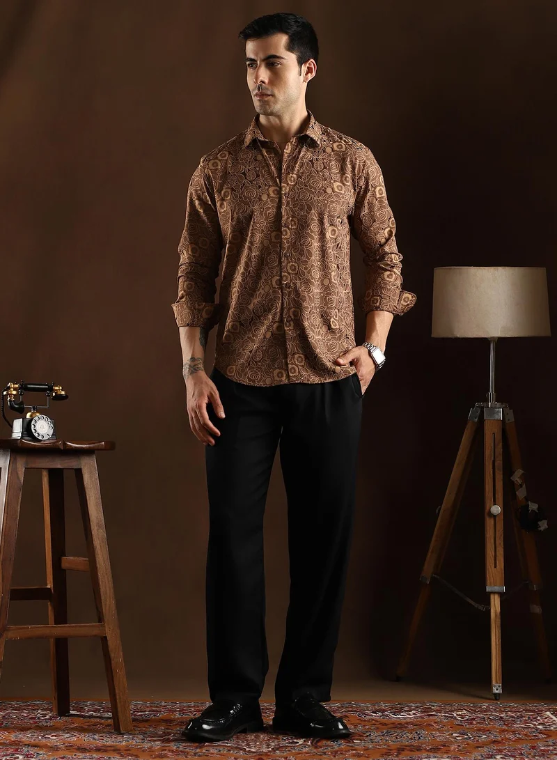 Campus Sutra Campus Sutra Men's Chocolate Brown Electric-Roses Shirt For Casual Wear | Mid-Rise | Regular Fit | Button Closure | Shirt Crafted With Comfort Fit For Everyday Wear