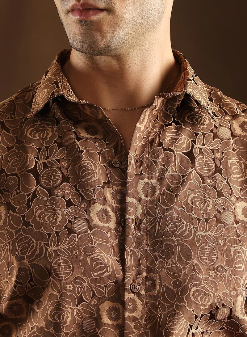 Campus Sutra Campus Sutra Men's Chocolate Brown Electric-Roses Shirt For Casual Wear | Mid-Rise | Regular Fit | Button Closure | Shirt Crafted With Comfort Fit For Everyday Wear