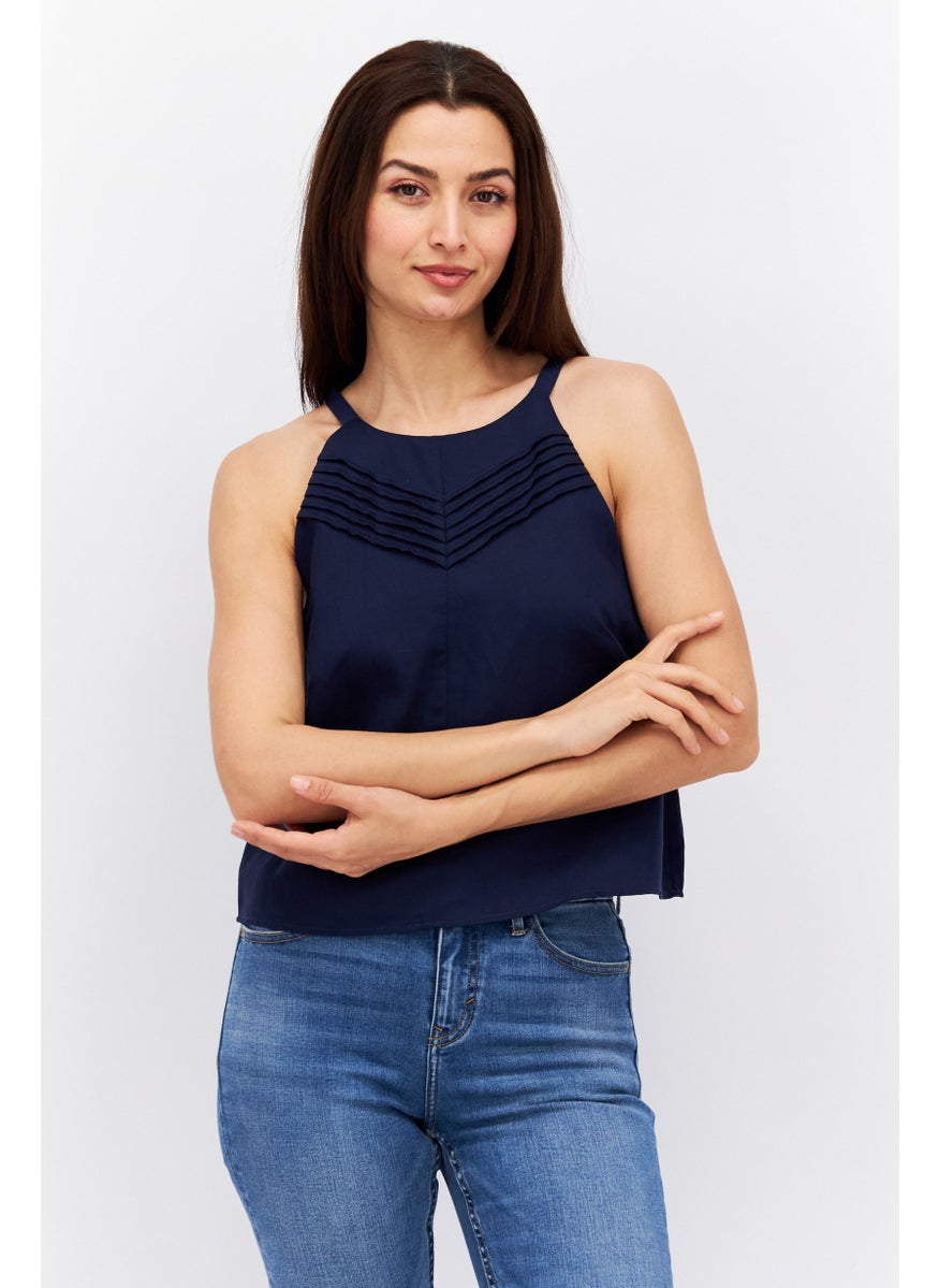 ESPRIT Women Halter Neck Sleeveless Solid Top, Navy  - Image 1