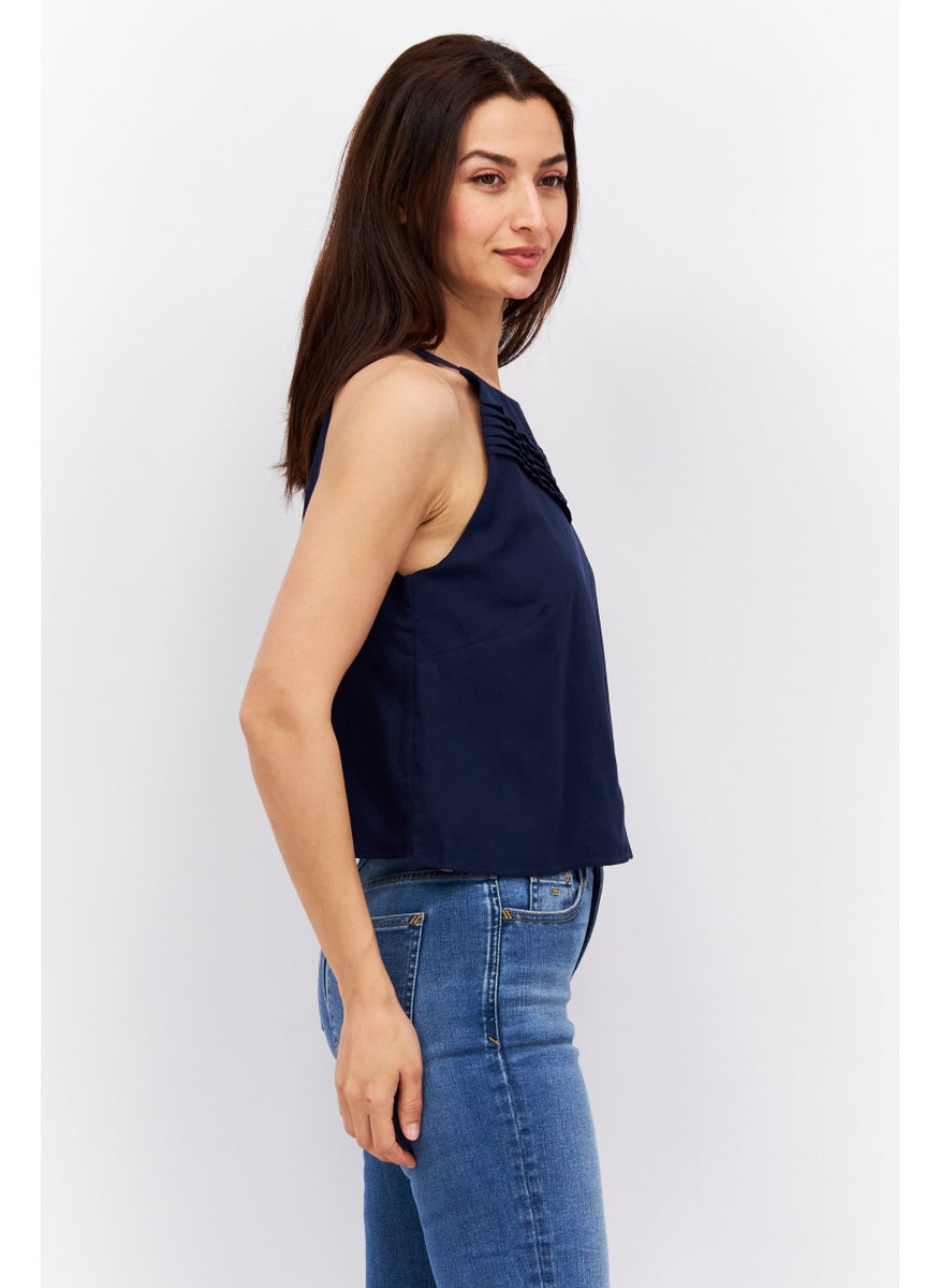 ESPRIT Women Halter Neck Sleeveless Solid Top, Navy  - Image 2