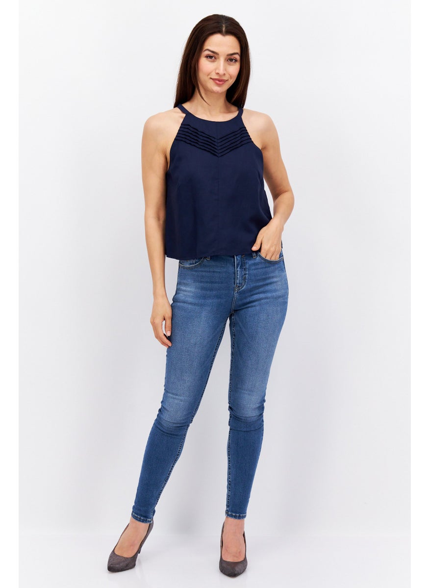 ESPRIT Women Halter Neck Sleeveless Solid Top, Navy  - Image 3