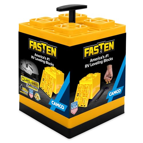 Camco Fasten RV Leveling Blocks  Features Interlocking Design for Customizable Height  Carrying Handle Twists to Secure Blocks for RV Storage  85 x 85 x 1 Yellow 10Pack 21022
