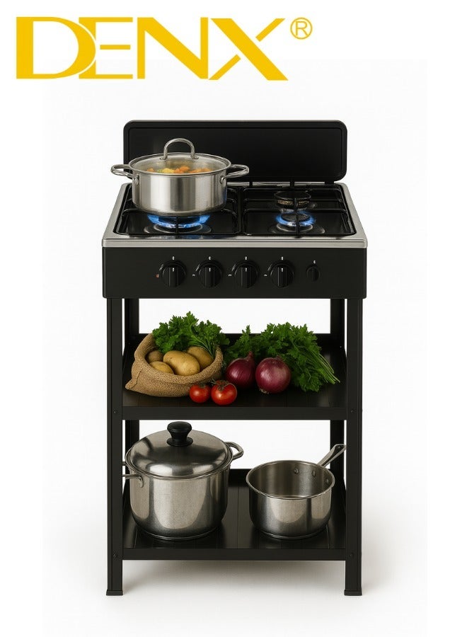 Denx 4-Burner Gas Stove Model DX2813 with Electronic Ignition, Desktop Design with Integrated Stand and Dual Storage Shelves, Heavy-Duty High-Temperature Painted Body, Ideal for Home Cooking, Camping, Outdoor Grilling, Fishing, and Emergency Use - Image 3