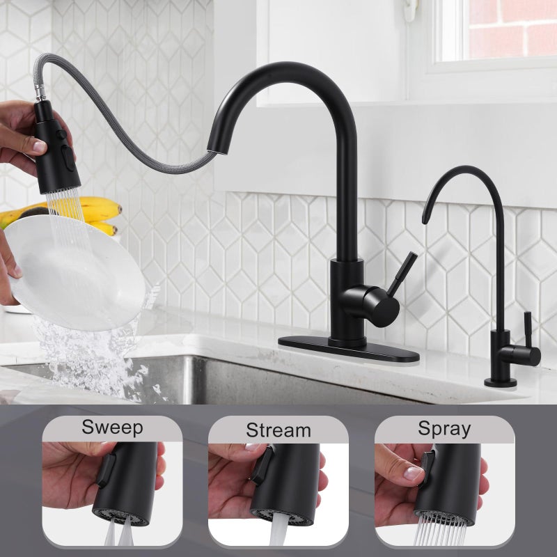 WOWOW Black Kitchen Faucet and Water Filter Faucet Combo, WOWOW Stainless Steel Kitchen Sink Faucet with Drinking Water Faucet for Reverse Osmosis or Water Filtration System, Matte Black - Image 3