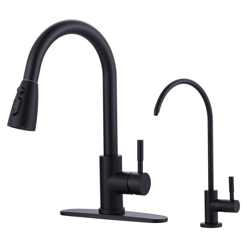 WOWOW Black Kitchen Faucet and Water Filter Faucet Combo, WOWOW Stainless Steel Kitchen Sink Faucet with Drinking Water Faucet for Reverse Osmosis or Water Filtration System, Matte Black - Image 1