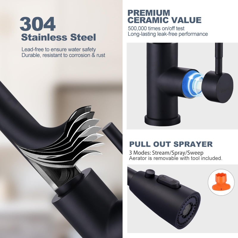 WOWOW Black Kitchen Faucet and Water Filter Faucet Combo, WOWOW Stainless Steel Kitchen Sink Faucet with Drinking Water Faucet for Reverse Osmosis or Water Filtration System, Matte Black - Image 4