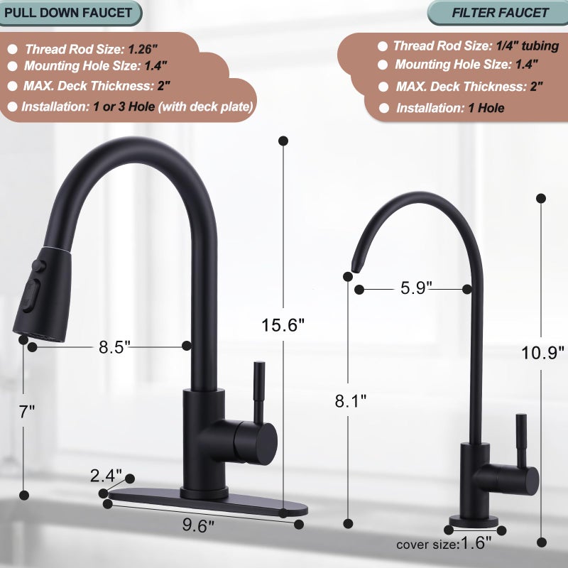 WOWOW Black Kitchen Faucet and Water Filter Faucet Combo, WOWOW Stainless Steel Kitchen Sink Faucet with Drinking Water Faucet for Reverse Osmosis or Water Filtration System, Matte Black - Image 5