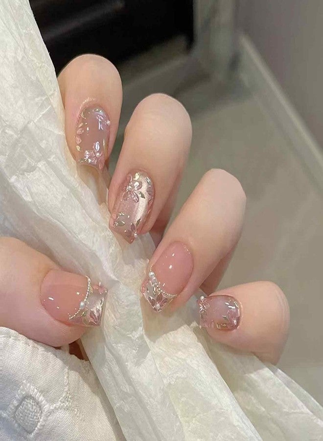 FFZDENA 24PCS Nails for Girls, Press On Nails Kit, Floral Cat Eye Pearl French Nails, Nail Extensions for Women, Stick On Nails with Application Tools - Image 1
