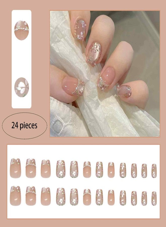 FFZDENA 24PCS Nails for Girls, Press On Nails Kit, Floral Cat Eye Pearl French Nails, Nail Extensions for Women, Stick On Nails with Application Tools - Image 3