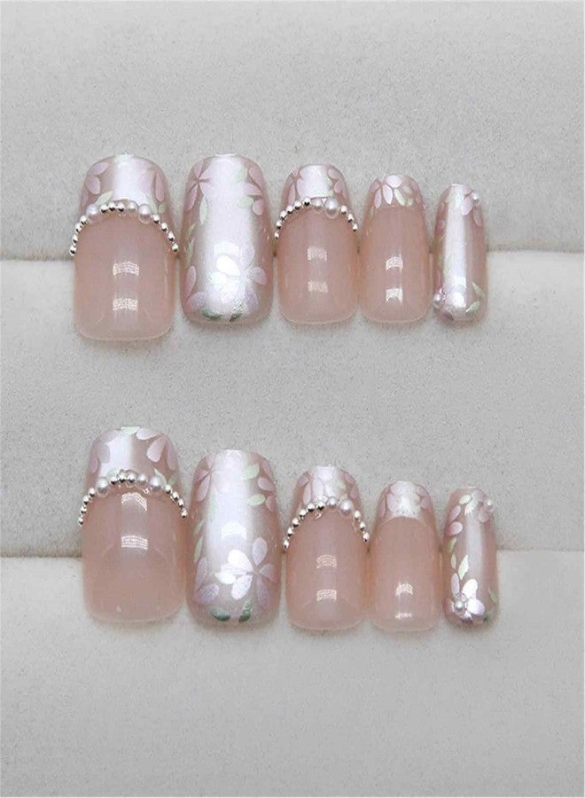 FFZDENA 24PCS Nails for Girls, Press On Nails Kit, Floral Cat Eye Pearl French Nails, Nail Extensions for Women, Stick On Nails with Application Tools - Image 5