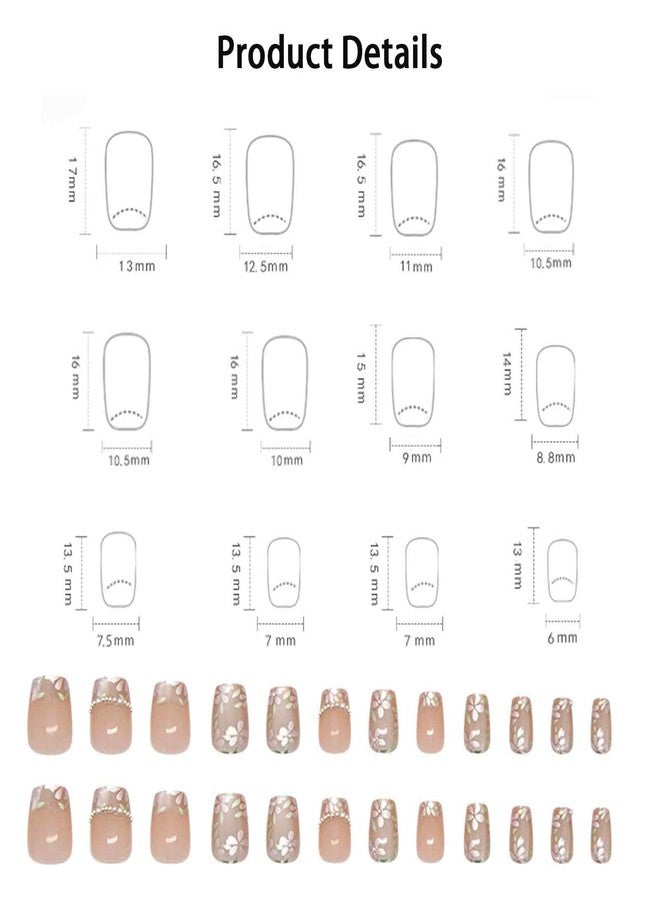 FFZDENA 24PCS Nails for Girls, Press On Nails Kit, Floral Cat Eye Pearl French Nails, Nail Extensions for Women, Stick On Nails with Application Tools - Image 2