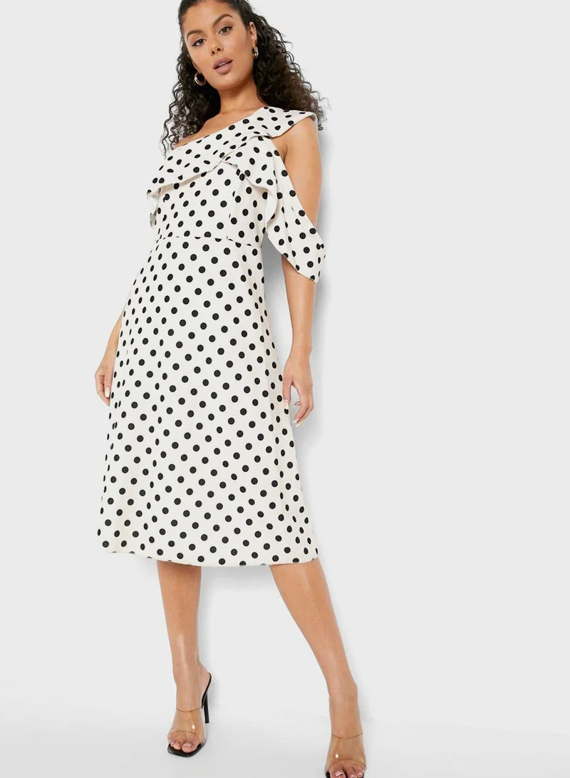 boohoo One Shoulder Asymmetric Polka Dot Dress