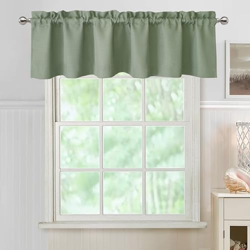 Chyhomenyc Sage Green Valance for Windows Light Filtering Faux Linen Short Small Window Valance Curtain for Kitchen Bathroom Cafe Laundry Basement 60Wx14L inch 1 Piece - Image 1