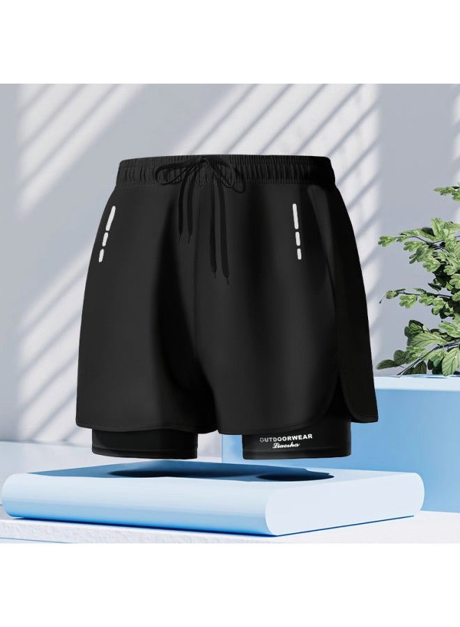 إسكدنيا سراويل سباحة رجالية بطبقة مزدوجة مقاس كبير فضفاضة ومطبوعة للبالغين سراويل سباحة احترافية سريعة الجفاف للربيع الساخن سراويل سباحة للشاطئ - اللون: Yk48893 أسود (دانتيل من الداخل) - - Image 1